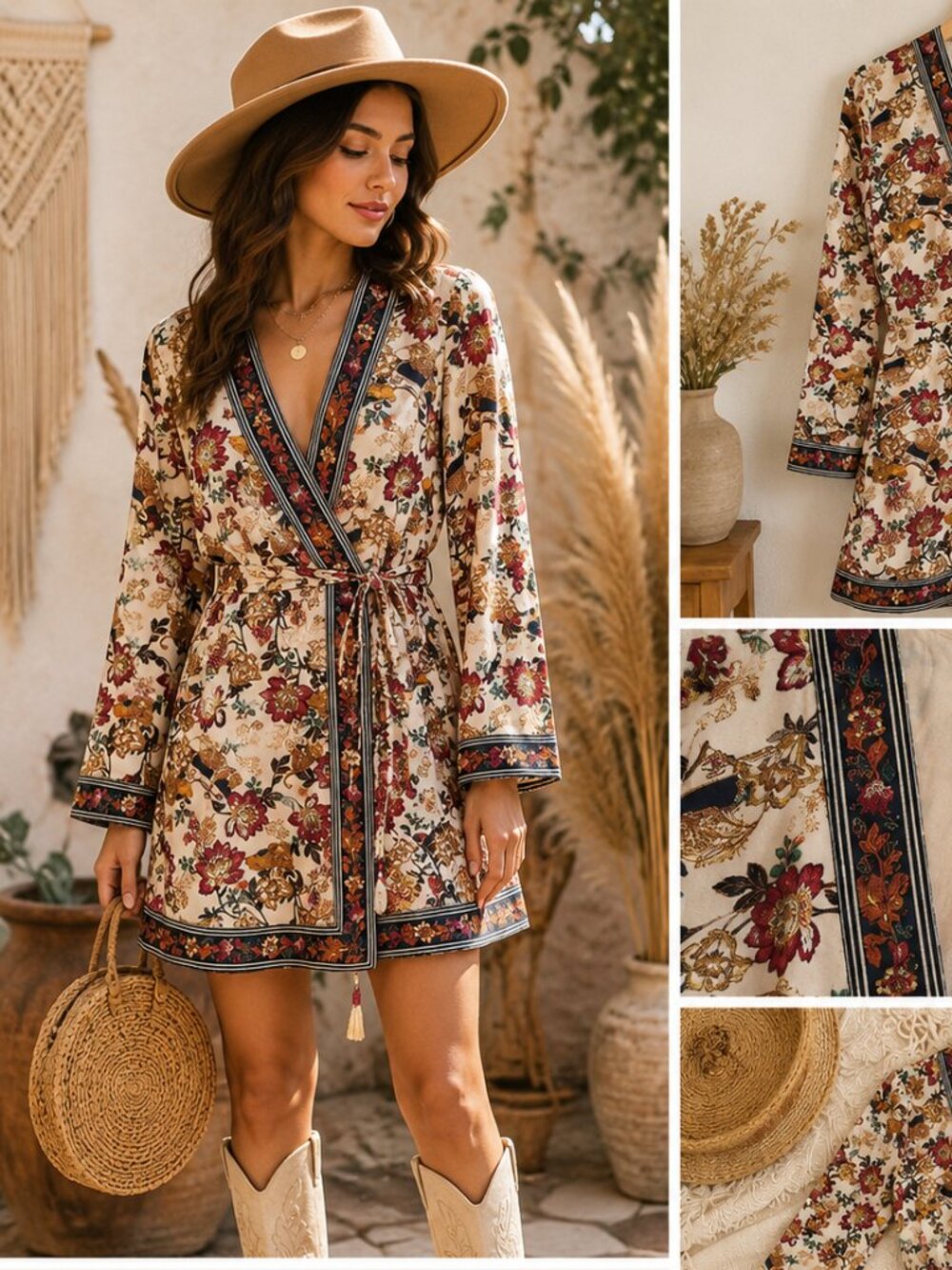 Farm Rio for Anthropologie Floral Wrap Mini Dress Medium Boho Long Sleeve
